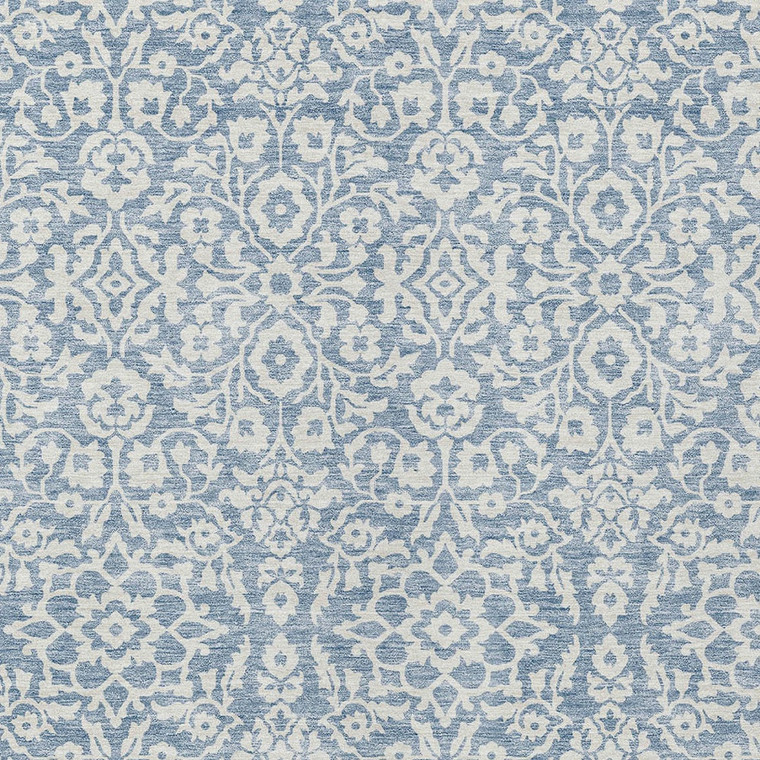 5' X 8' Denim Blue And Ivory Damask Washable Indoor Outdoor Area Rug