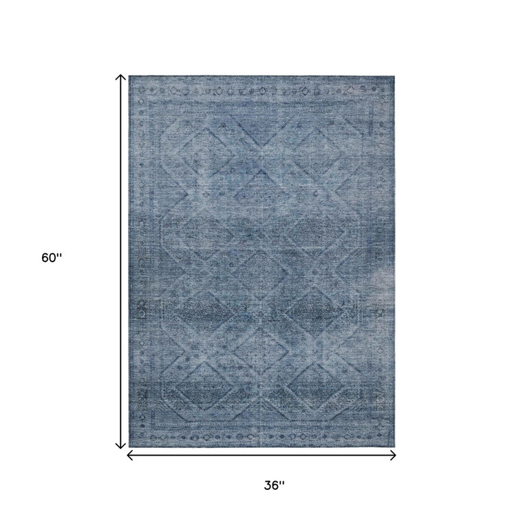 3' X 5' Blue And Ivory Geometric Washable Indoor Outdoor Area Rug - 880016702842