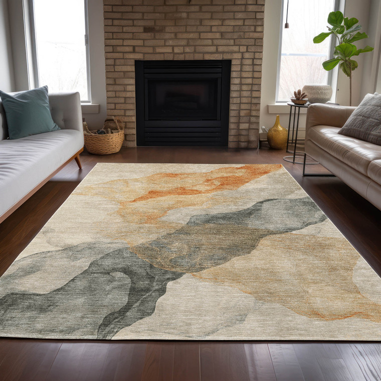 3' X 5' Orange And Gray Abstract Washable Indoor Outdoor Area Rug