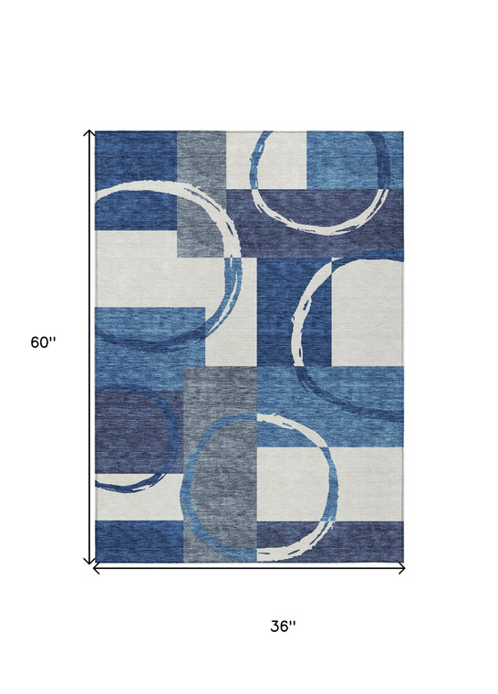 3' X 5' Blue And Ivory Geometric Washable Indoor Outdoor Area Rug Modern Style - Blue, Ivory Color