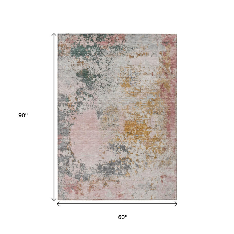 5' X 8' Pink Charcoal And Copper Abstract Washable Indoor Outdoor Area Rug