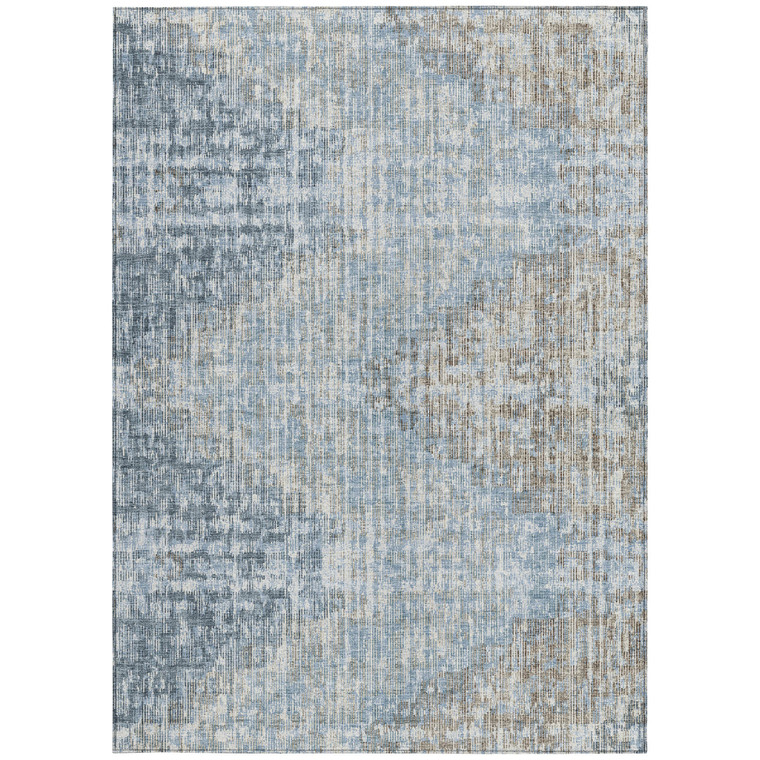 5' X 8' Denim Blue And Beige Geometric Washable Indoor Outdoor Area Rug
