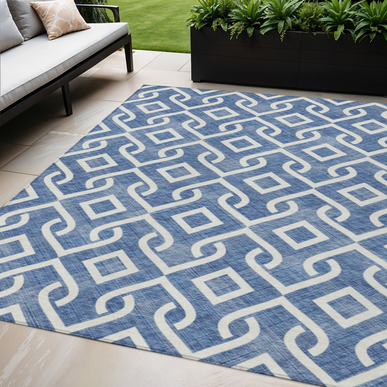 5' X 8' Blue And Ivory Geometric Washable Indoor Outdoor Area Rug Transitional Style - Blue, Ivory Color