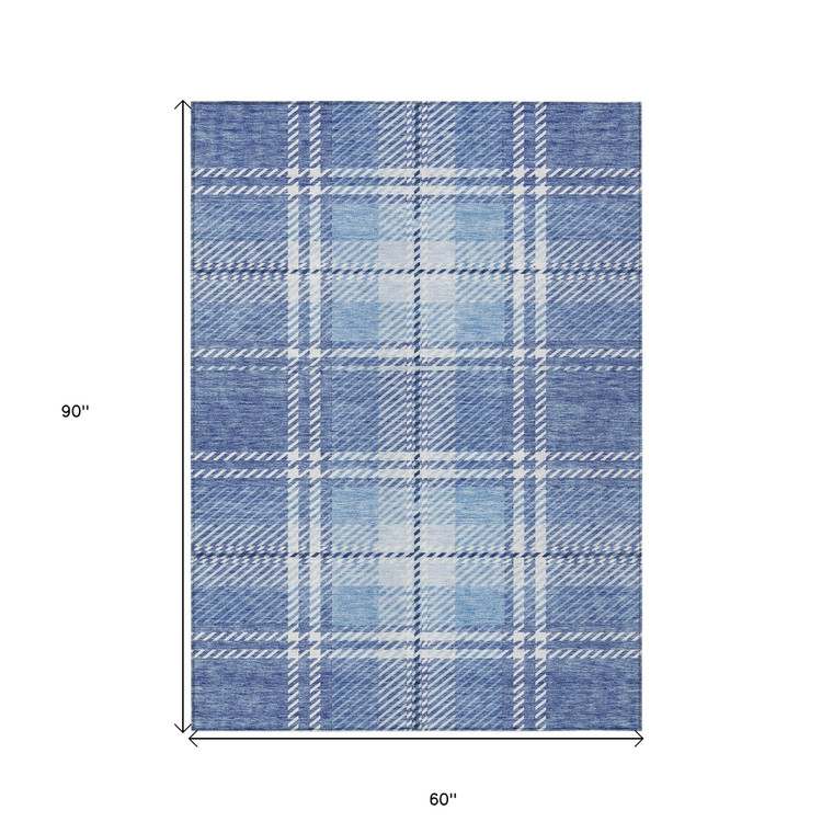 5' X 8' Denim Blue And Ivory Plaid Washable Indoor Outdoor Area Rug