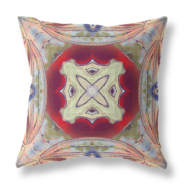 26" X 26" Grey And Red Blown Seam Geometric Indoor Outdoor Throw Pillow