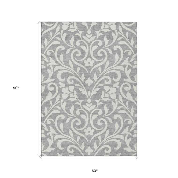 5' X 8' Gray And Ivory Floral Washable Indoor Outdoor Area Rug