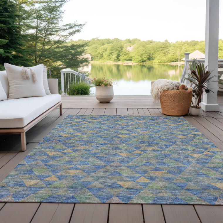 3' X 5' Sky Blue And Gray Geometric Washable Indoor Outdoor Area Rug