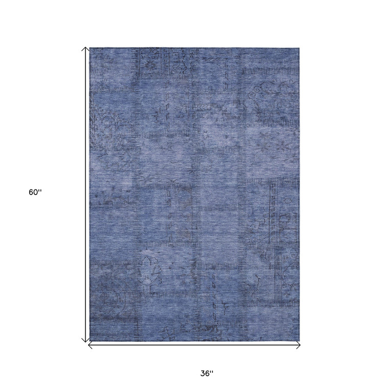 3' X 5' Denim Blue And Sky Blue Patchwork Washable Indoor Outdoor Area Rug