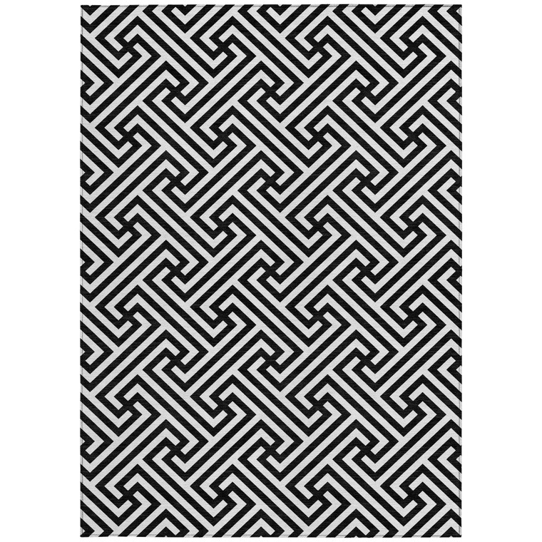 3' X 5' Black And Ivory Geometric Washable Indoor Outdoor Area Rug Transitional Style - Black, Ivory Color