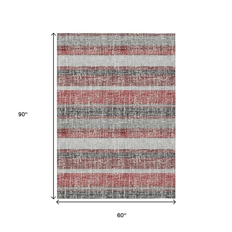 5' X 8' Burgundy And Silver Striped Washable Indoor Outdoor Area Rug
