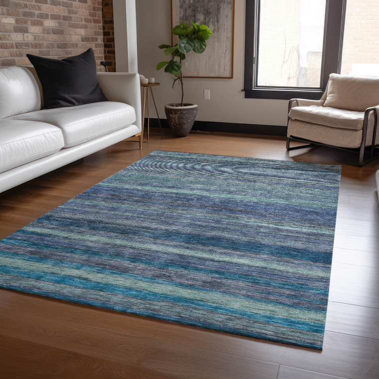 3' X 5' Blue And Gray Striped Washable Indoor Outdoor Area Rug - Blue, Gray