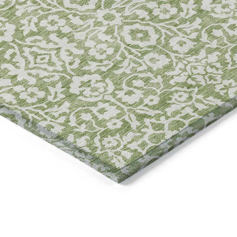 3' X 5' Green And Ivory Damask Washable Indoor Outdoor Area Rug