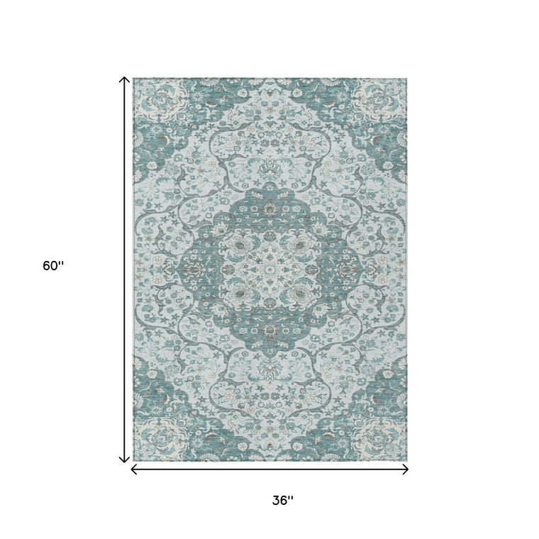 3' X 5' Teal Blue And Ivory Medallion Washable Indoor Outdoor Area Rug