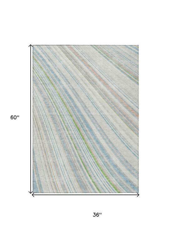 3' X 5' Ivory Blue And Green Striped Washable Indoor Outdoor Area Rug