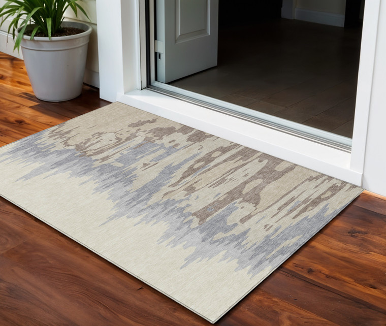 3' X 5' Beige Brown And Gray Abstract Washable Indoor Outdoor Area Rug Transitional Style - Beige, Brown, Gray Color