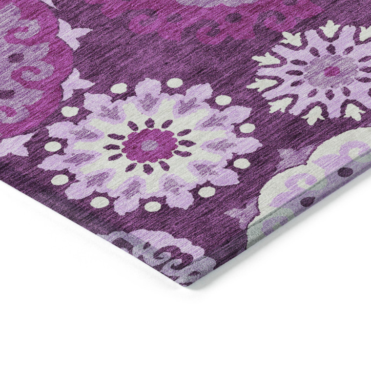 3' X 5' Eggplant And Mauve Floral Medallion Washable Indoor Outdoor Area Rug