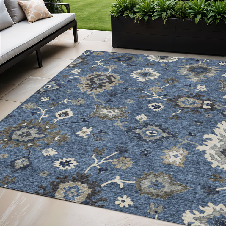 5' X 8' Blue Gray And White Floral Washable Indoor Outdoor Area Rug