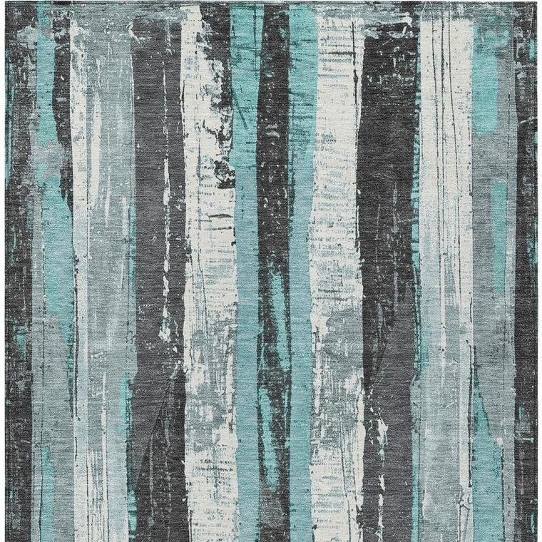 5' X 8' Teal Blue And Gray Striped Washable Indoor Outdoor Area Rug - Teal Blue, Gray