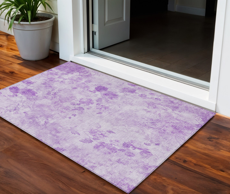 3' X 5' Lavender And Purple Floral Washable Indoor Outdoor Area Rug