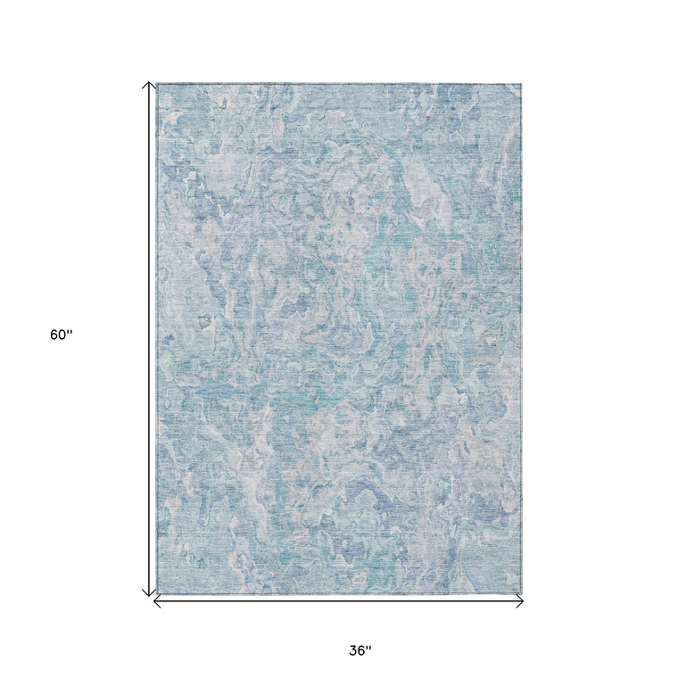 3' X 5' Sky Blue And Denim Blue Abstract Washable Indoor Outdoor Area Rug Transitional Style - Sky Blue, Denim Blue Color