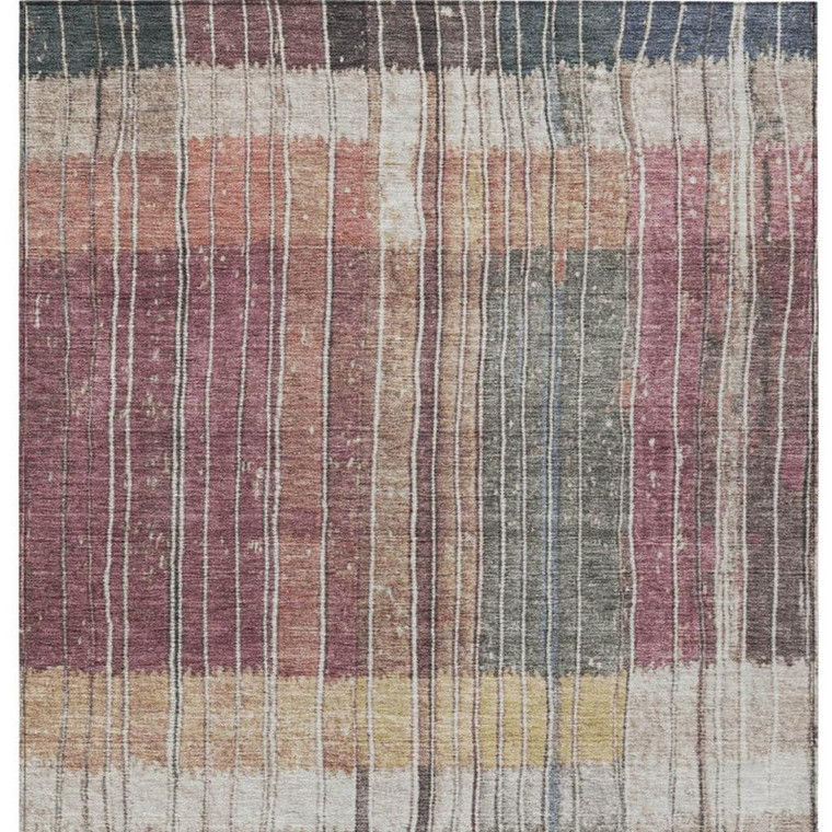5' X 8' Mauve Blue And Gold Striped Washable Indoor Outdoor Area Rug