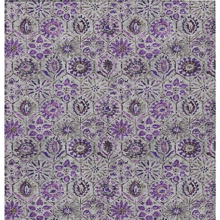5' X 8' Purple And Gray Floral Washable Indoor Outdoor Area Rug - Purple, Gray