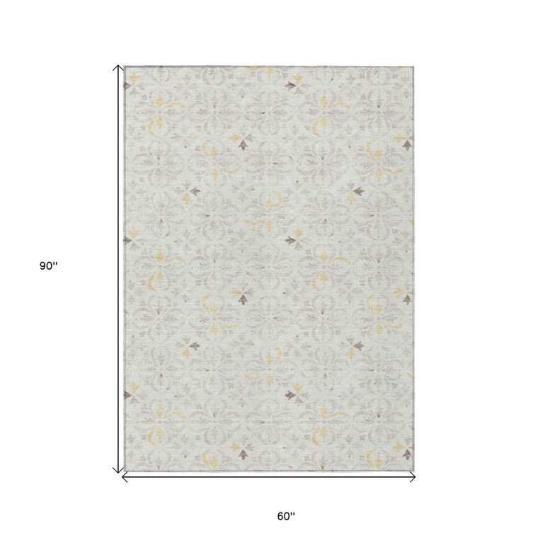 5' X 8' Ivory Gray And Gold Floral Washable Indoor Outdoor Area Rug - 608219212735