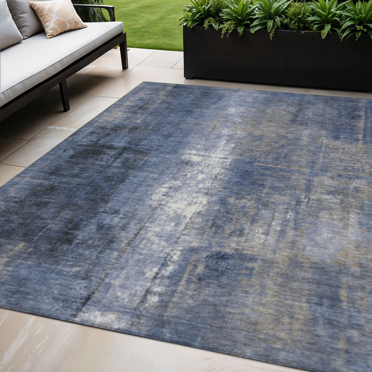 5' X 8' Navy Blue And Ivory Abstract Washable Indoor Outdoor Area Rug - 880016434637