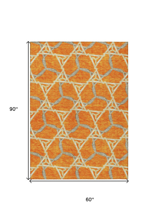 5' X 8' Orange And Blue Geometric Washable Indoor Outdoor Area Rug - Orange, Blue