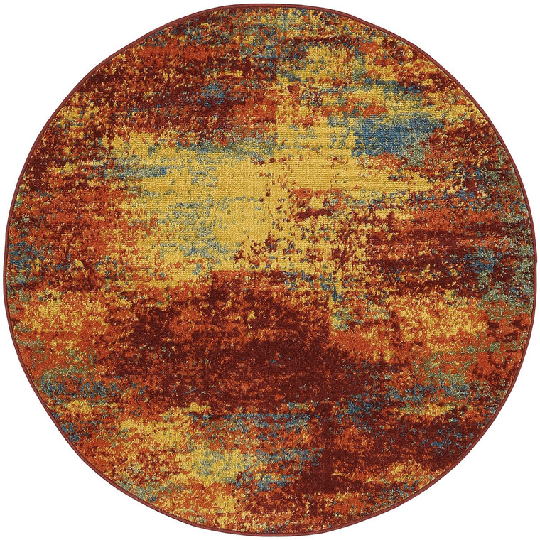 4' Flame Yellow And Orange Round Abstract Indoor Outdoor Area Rug