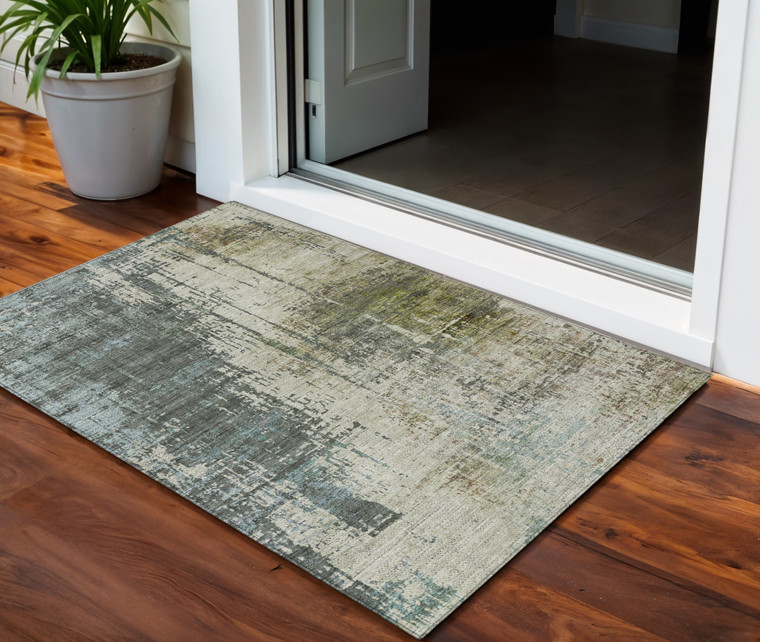 3' X 5' Sage Beige And Brown Abstract Washable Indoor Outdoor Area Rug