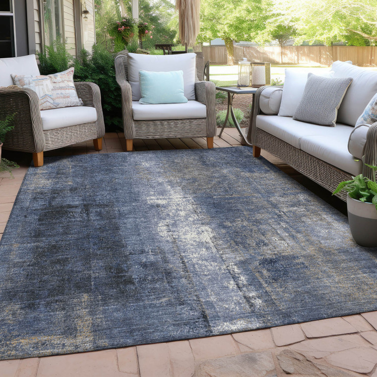 3' X 5' Navy Blue And Ivory Abstract Washable Indoor Outdoor Area Rug - Navy Blue, Ivory