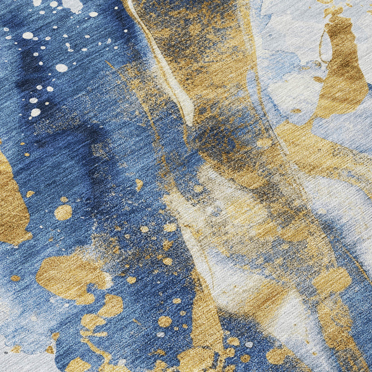 5' X 8' Blue And Gold Abstract Washable Indoor Outdoor Area Rug - Blue, Gold