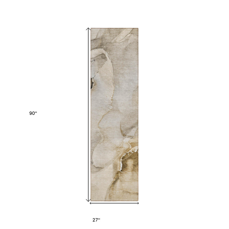 2' X 8' Beige and Brown Abstract Washable Indoor Outdoor Runner Rug