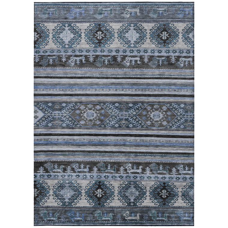 3' X 5' Blue Gray And Charcoal Tribal Washable Indoor Outdoor Area Rug