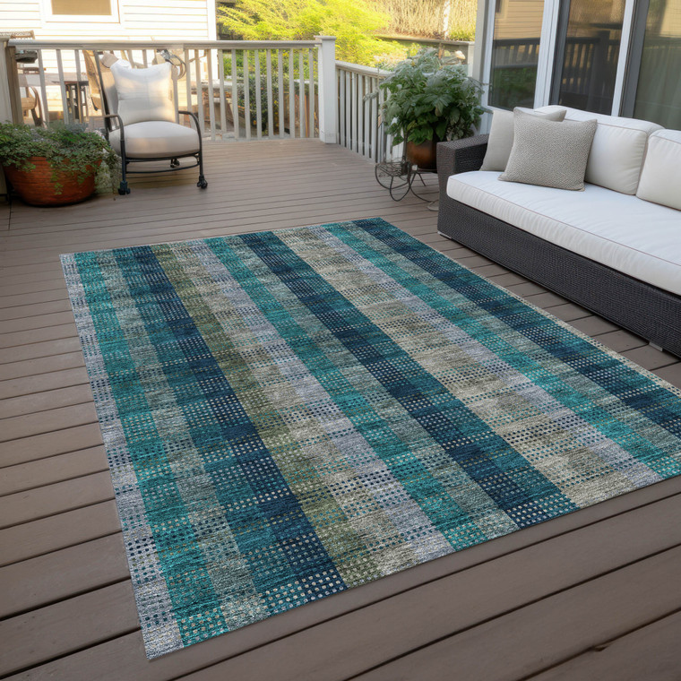 3' X 5' Teal Blue Navy Blue And Olive Green Plaid Washable Indoor Outdoor Area Rug