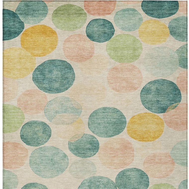 5' X 8' Teal Blue Yellow And Peach Geometric Washable Indoor Outdoor Area Rug