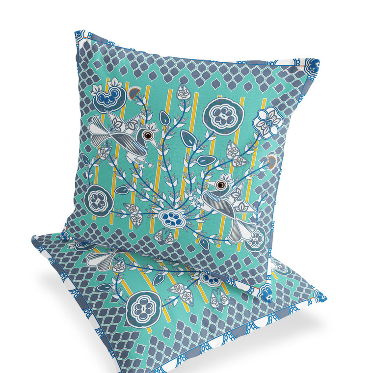 Set of Two 16" X 16" Blue and White Peacock Blown Seam Floral Indoor Outdoor Throw Pillow Polyester Home Accent
