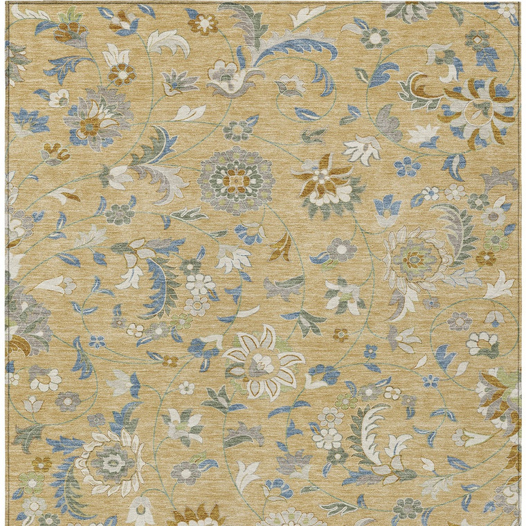 5' X 8' Wheat Blue And Ivory Floral Washable Indoor Outdoor Area Rug