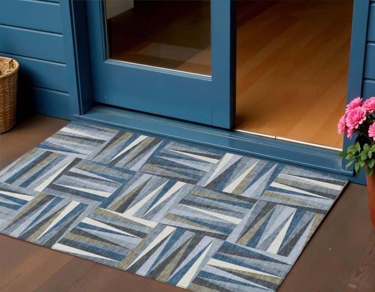 3' X 5' Denim Blue Gray And Ivory Geometric Washable Indoor Outdoor Area Rug - 608219072865