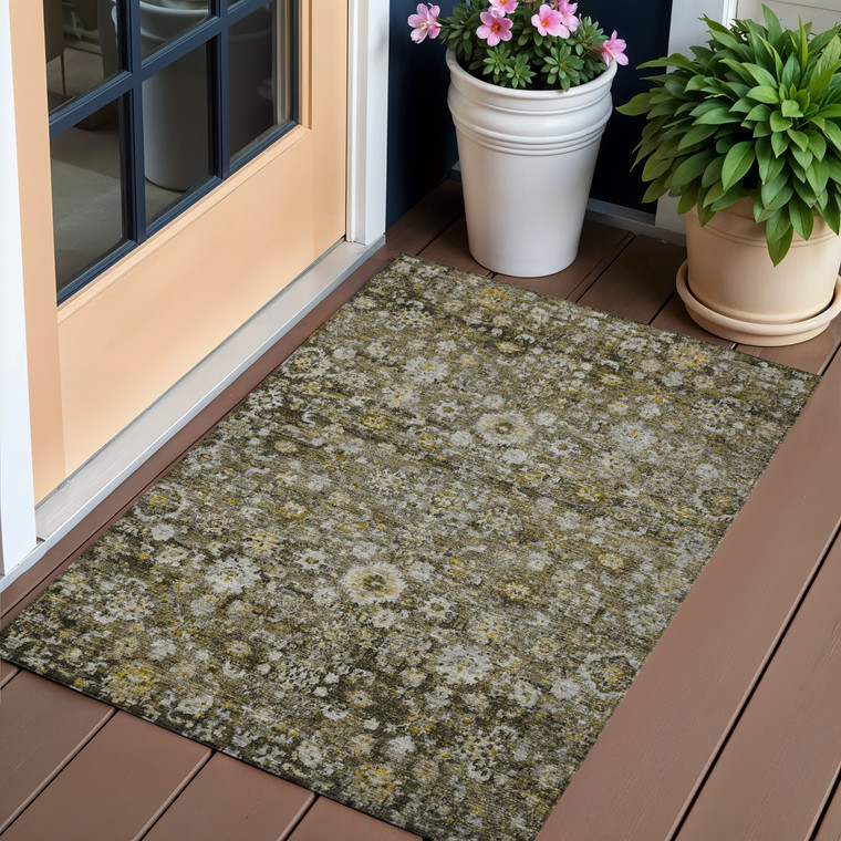 3' X 5' Brown And Beige Oriental Washable Indoor Outdoor Area Rug