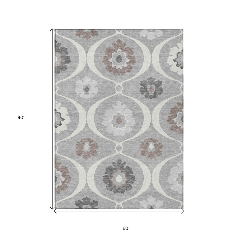 5' X 8' Gray Charcoal And Brown Medallion Washable Indoor Outdoor Area Rug