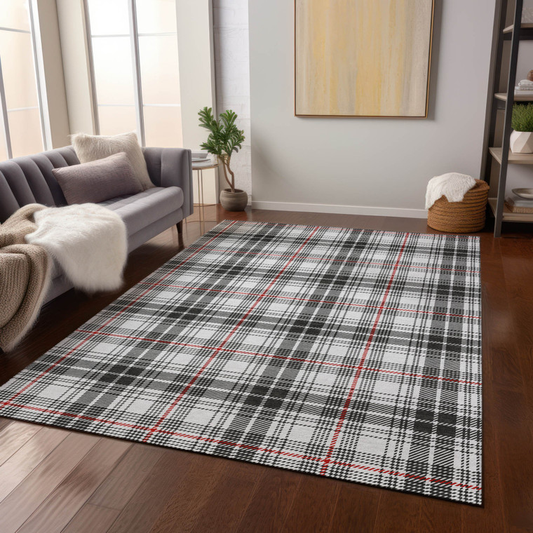 3' X 5' Black Ivory And Red Plaid Washable Indoor Outdoor Area Rug