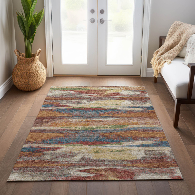 5' X 8' Orange Green And Gold Abstract Washable Indoor Outdoor Area Rug