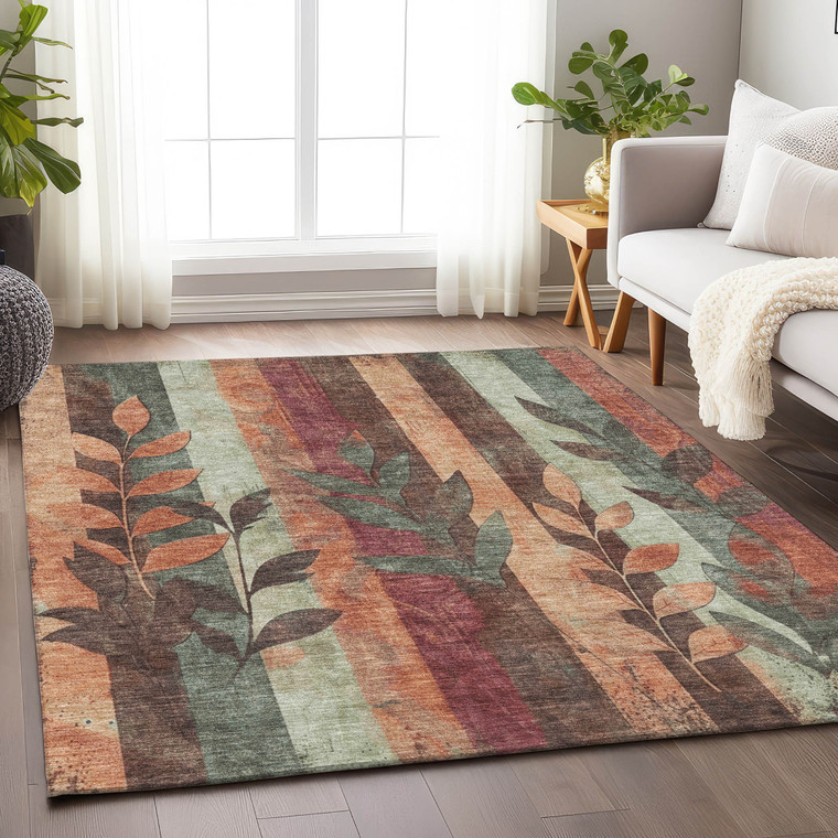 5' X 8' Terra Cotta And Sage Floral Washable Indoor Outdoor Area Rug