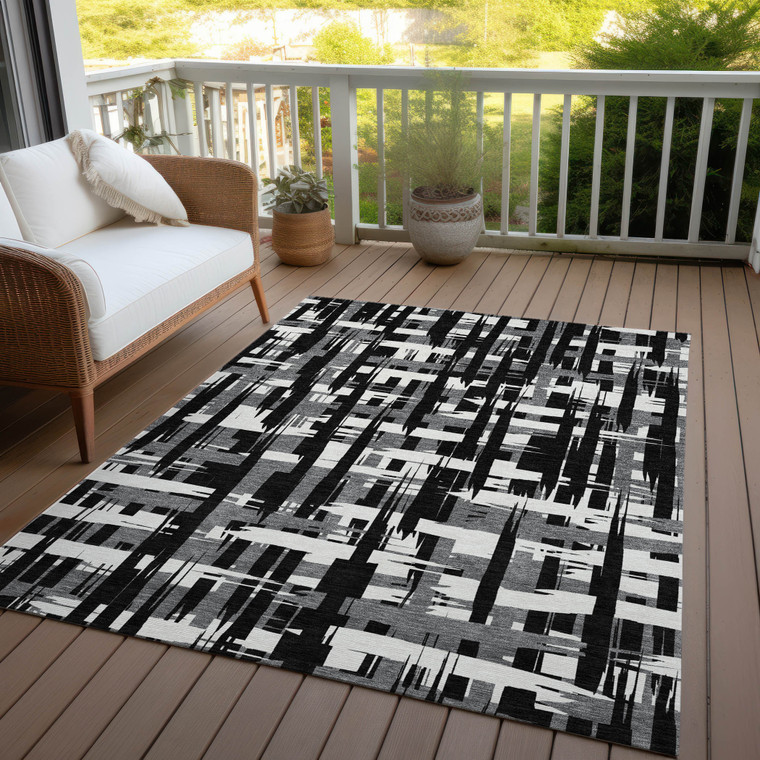 5' X 8' Black Gray And Ivory Striped Washable Indoor Outdoor Area Rug - Black, Gray, Ivory