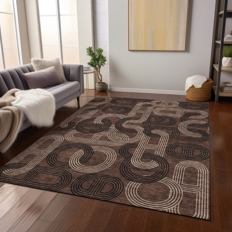 3' X 5' Chocolate And Beige Geometric Washable Indoor Outdoor Area Rug - Chocolate, Beige