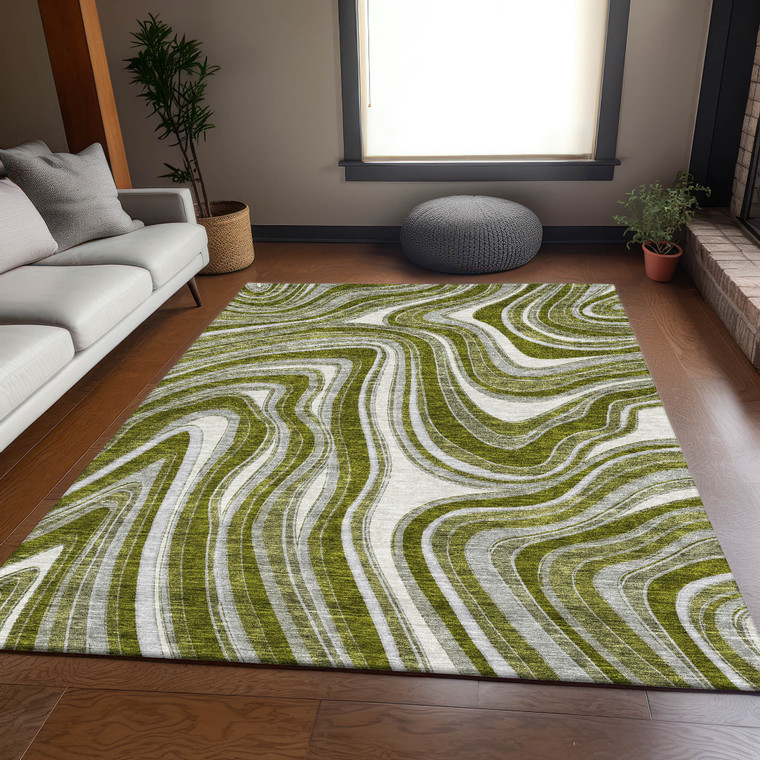 3' X 5' Olive Green Gray And Ivory Abstract Washable Indoor Outdoor Area Rug