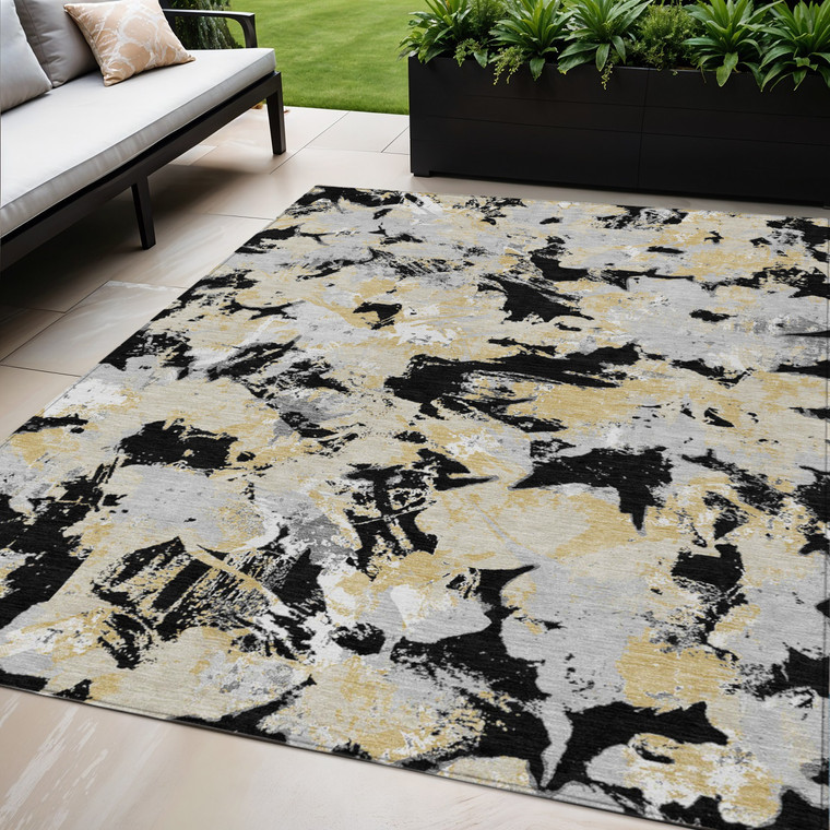 5' X 8' Black Gray And Light Brown Floral Washable Indoor Outdoor Area Rug