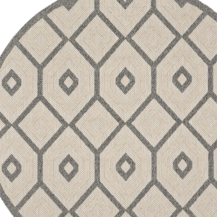 8' Cream And Gray Round Geometric Indoor Outdoor Area Rug